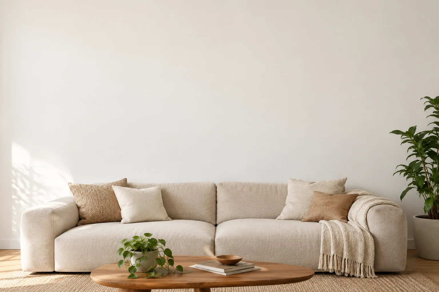Sala com sofá de linho, mesa de madeira e parede clara